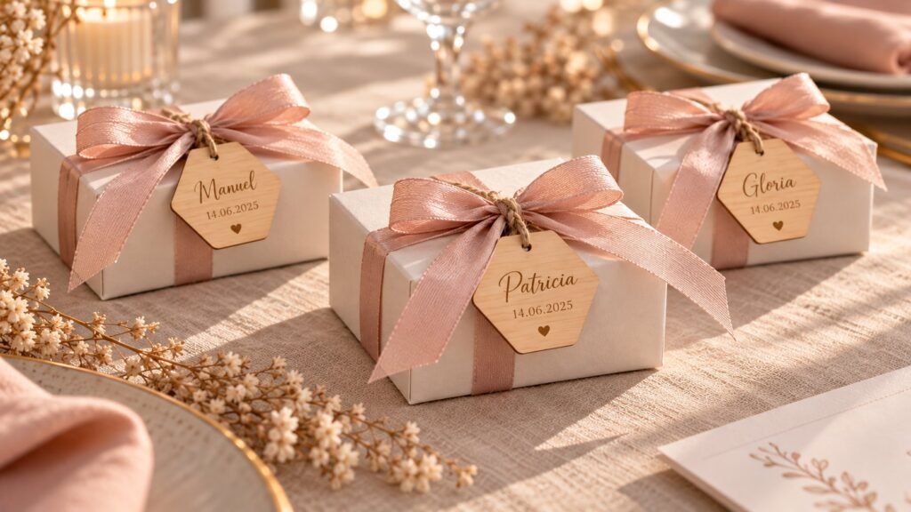 Detalles de boda para invitados con etiqueta de madera grabada con nombre y fecha