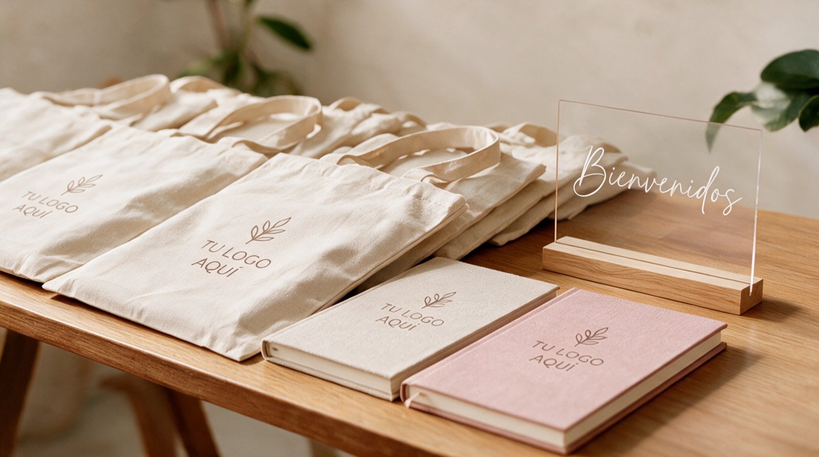 Mesa de bienvenida de evento de empresa con tote bags y libretas personalizadas