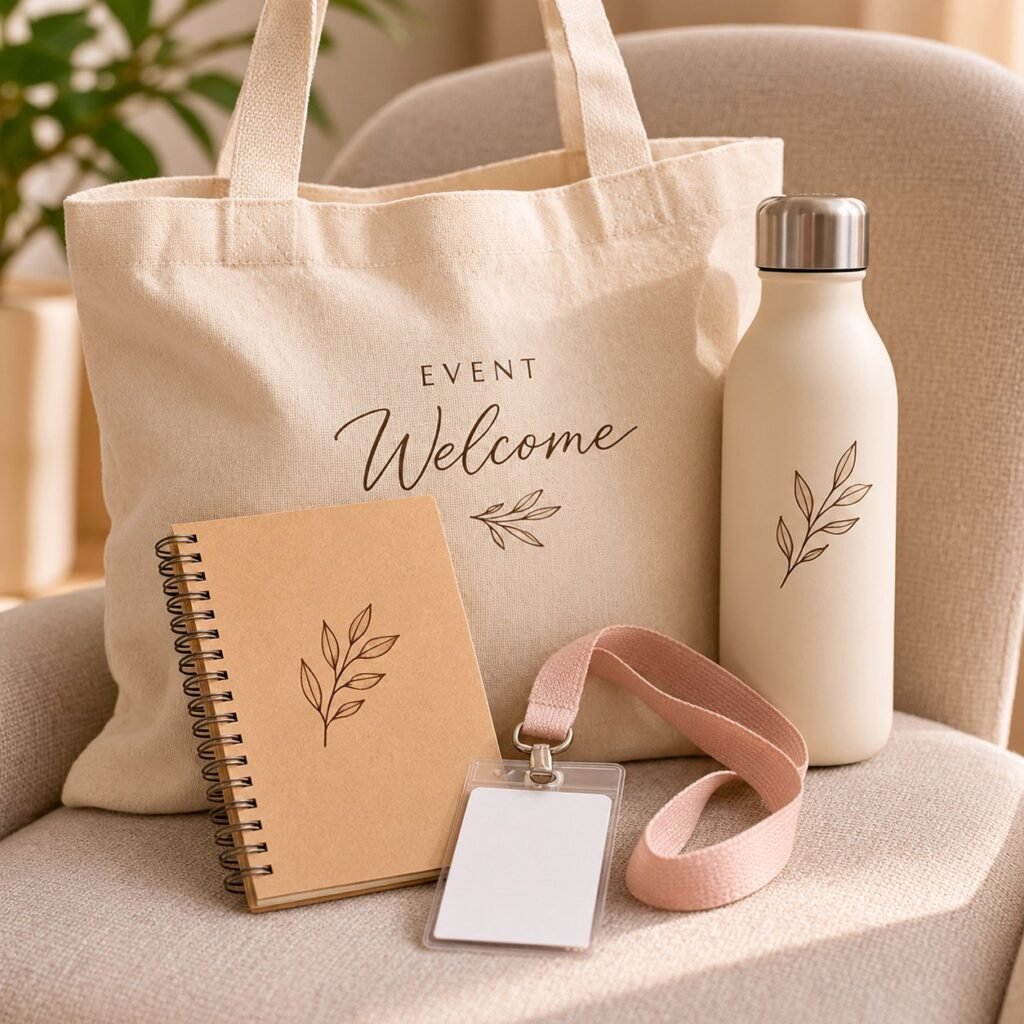 Kit de bienvenida para evento con bolsa, libreta y botella personalizadas