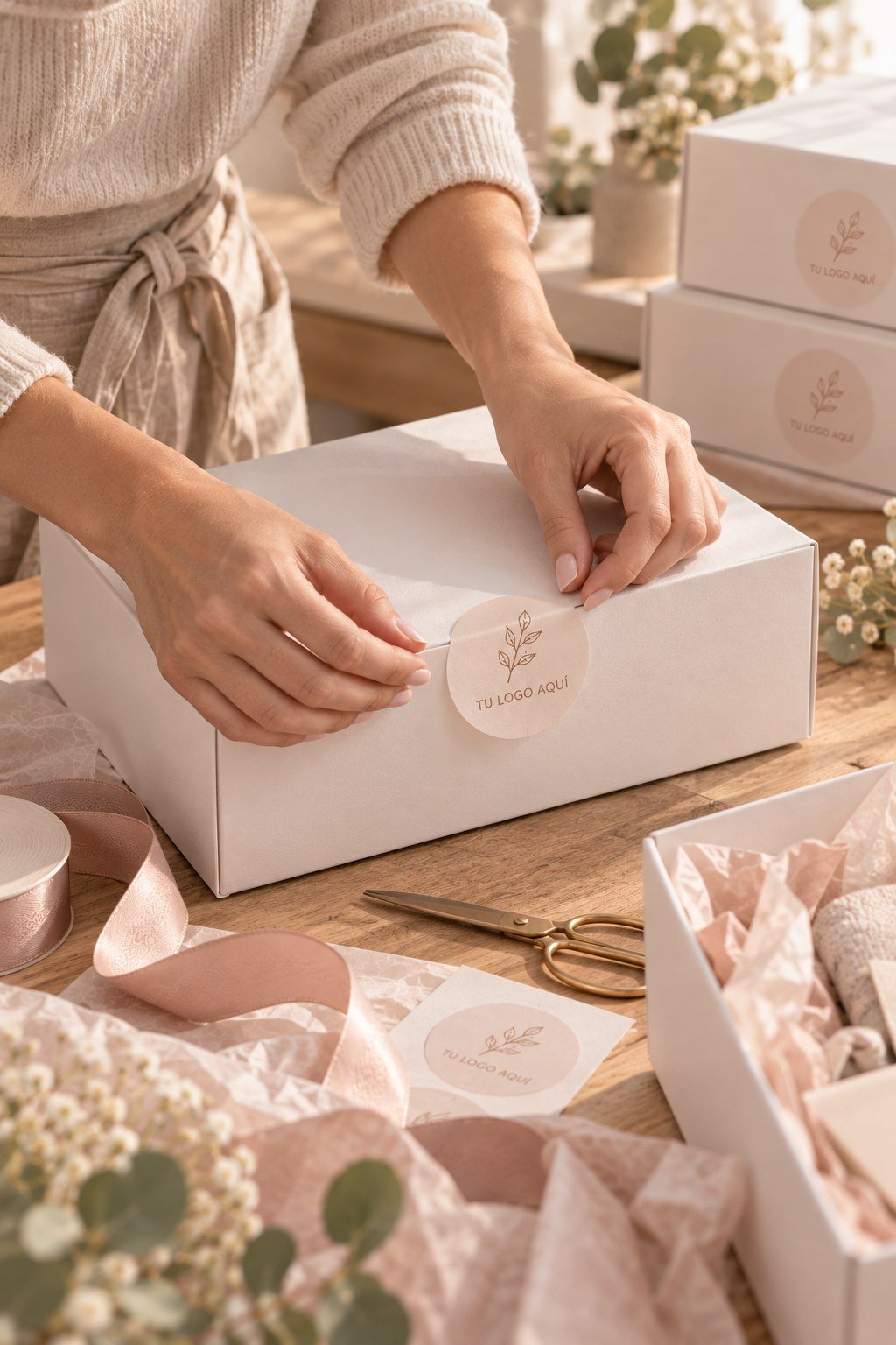 Manos cerrando una caja de regalo con pegatina personalizada con logo