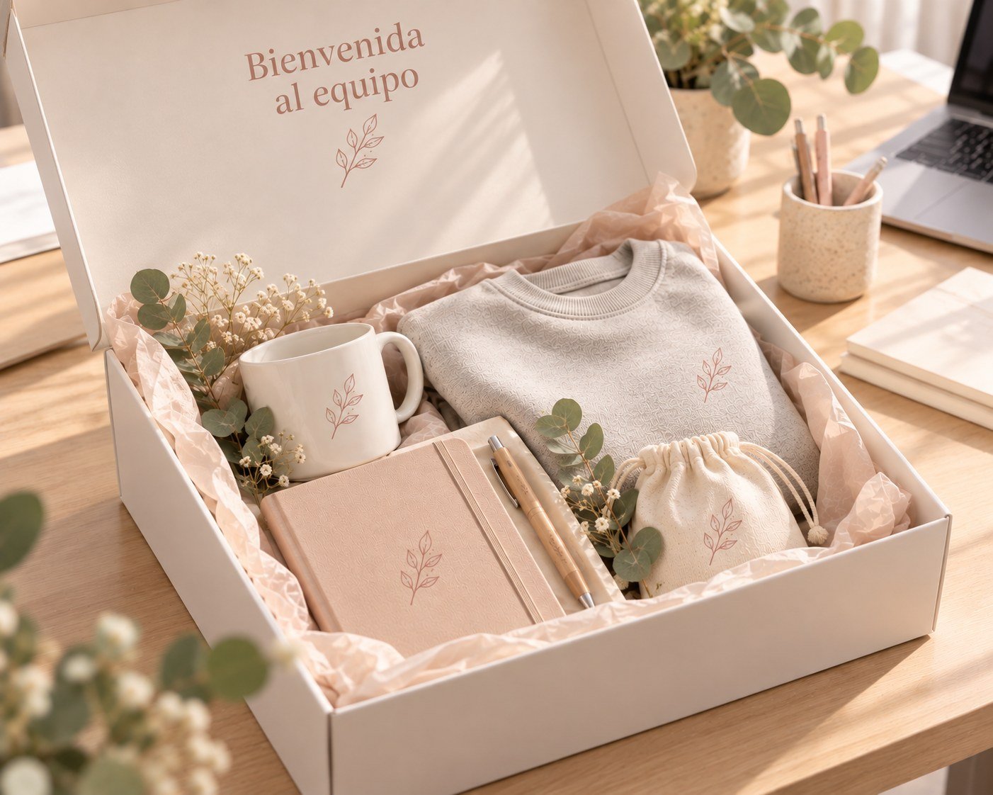 Pack de bienvenida para empleados con taza, sudadera, libreta y bolsa personalizadas