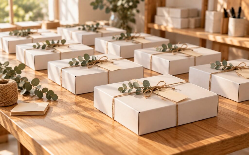 Cajas de regalo para empresa preparadas con eucalipto y cordel