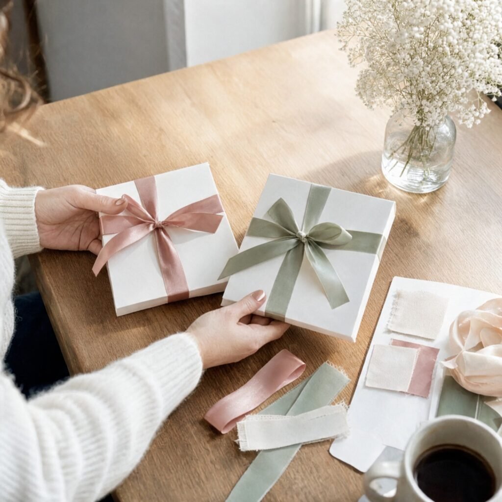 Propuesta: muestras de caja con cinta rosa y verde para elegir el packaging