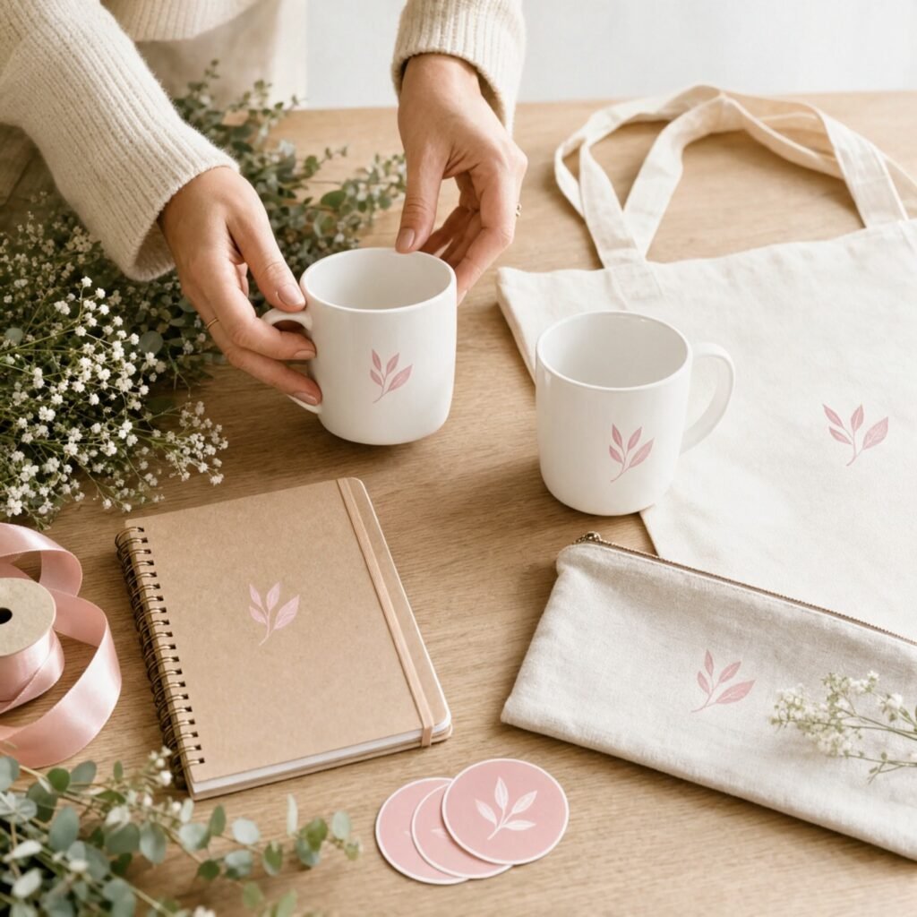 Selección de productos personalizados con logo: tazas, libreta, tote bag y neceser
