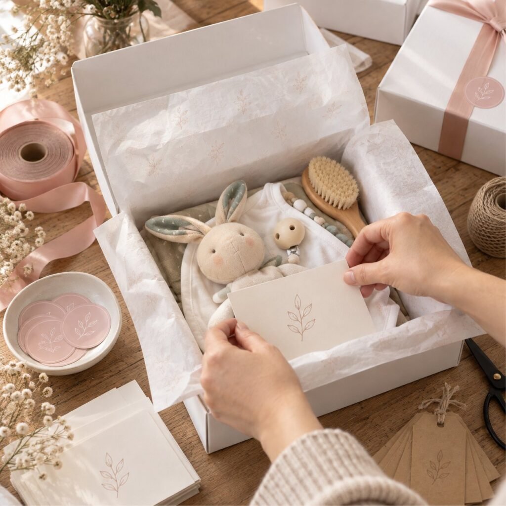 Preparación de un pack personalizado con tarjeta y papel de seda