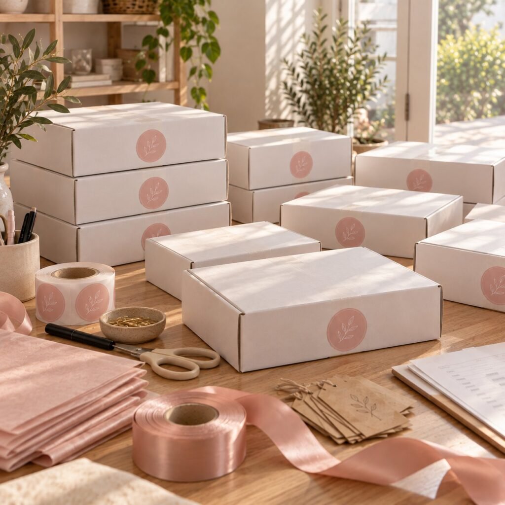 Cajas cerradas con pegatina personalizada listas para entregar