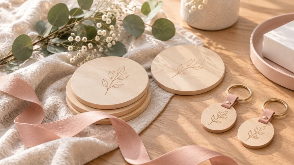 Posavasos y llaveros de madera clara grabados con láser