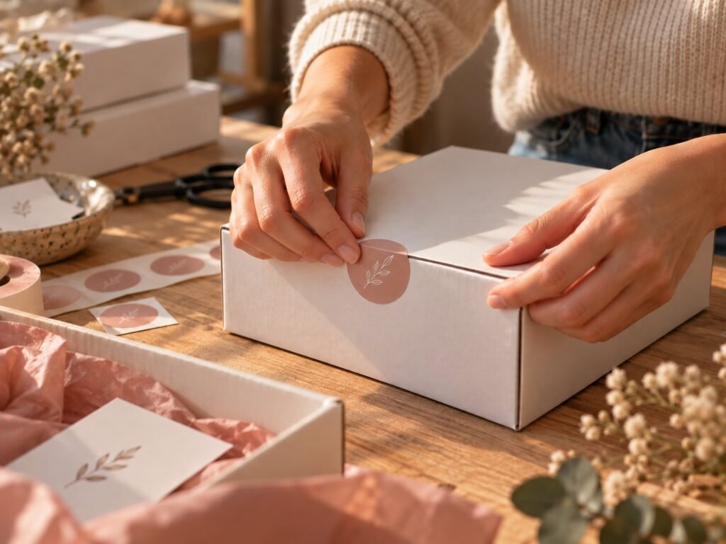 Manos cerrando una caja de regalo con pegatina personalizada