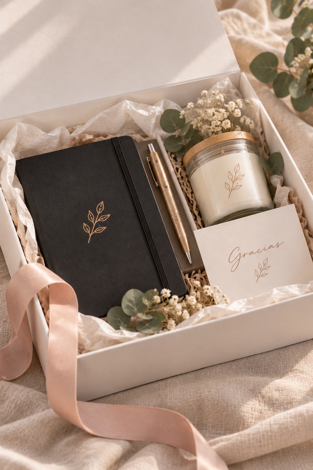 Caja regalo para clientes con libreta negra, bolígrafo, vela y tarjeta de agradecimiento personalizadas